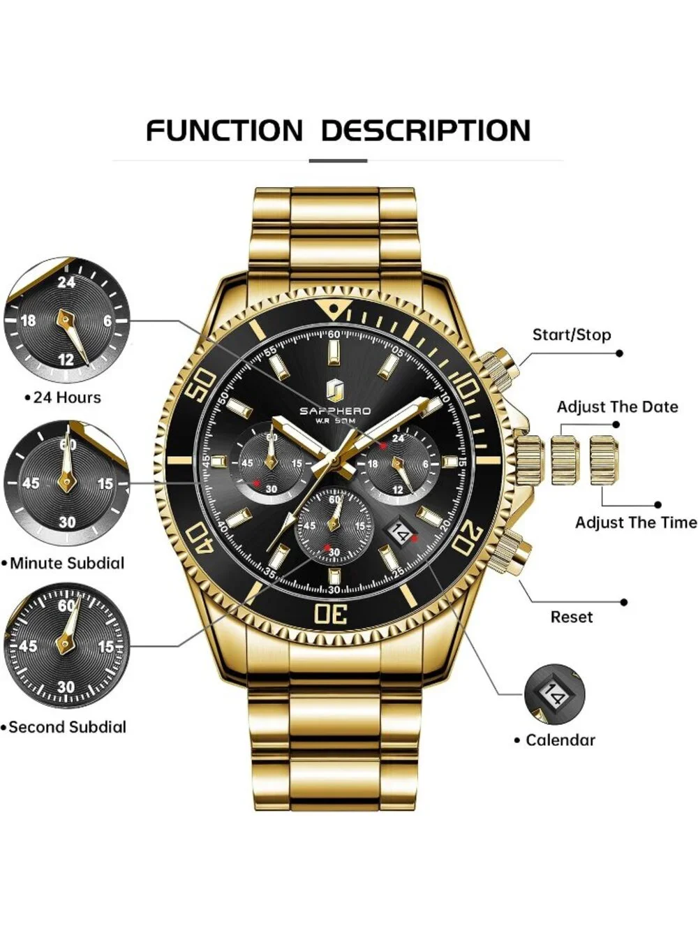 Men's Gold Strap Black Face Chronograph Stainless Steel Waterproof Wrist Watches
